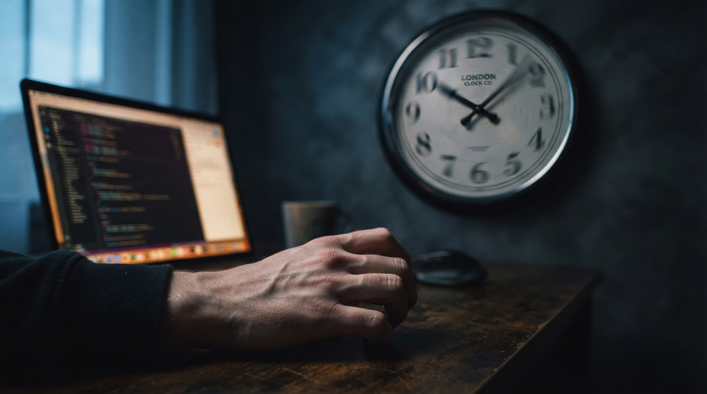 A clock on the wall and a hand frozen on a desk — time blindness visual
