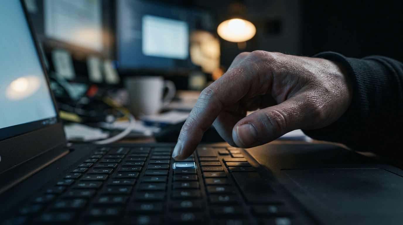 A finger frozen right above a laptop key — executive dysfunction visual